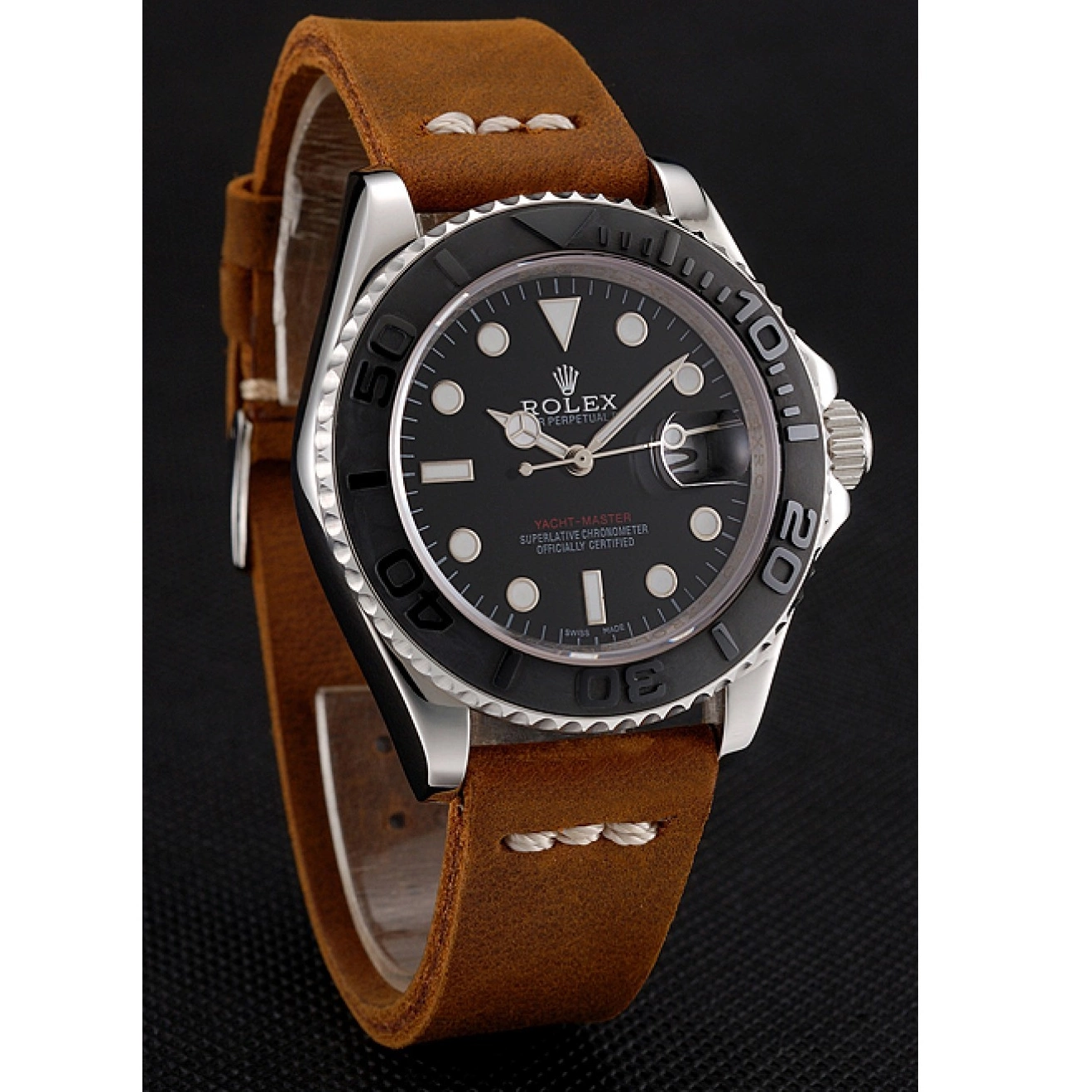 Rolex aaa copy Rolex Bracelet Silver Case 1453859 Yacht Master Brown Black Dial Leather 0616